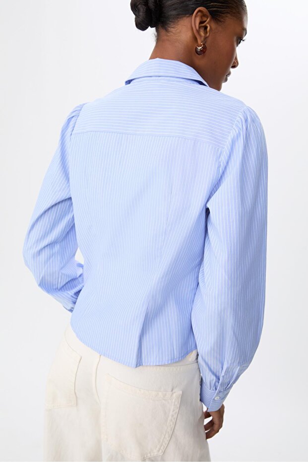 Basic poplin balon kollu çizgili gömlek - 4