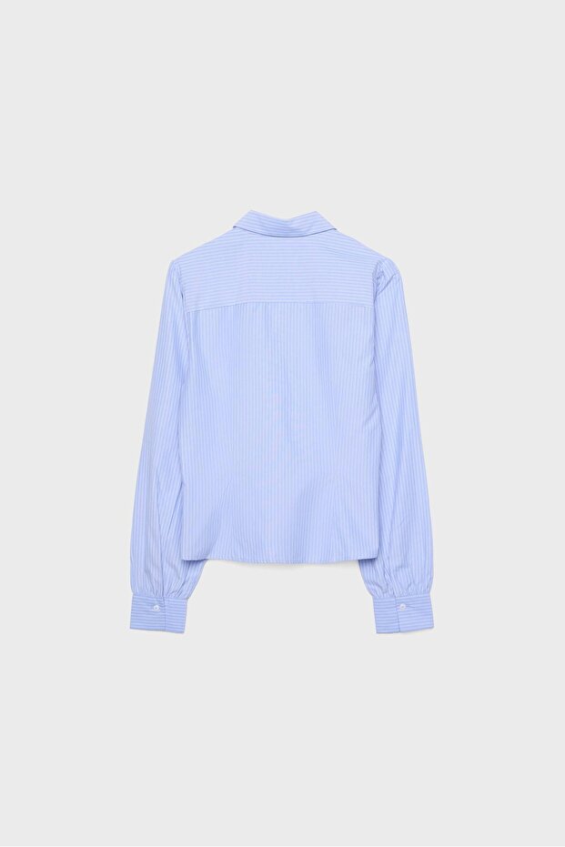 Basic poplin balon kollu çizgili gömlek - 6
