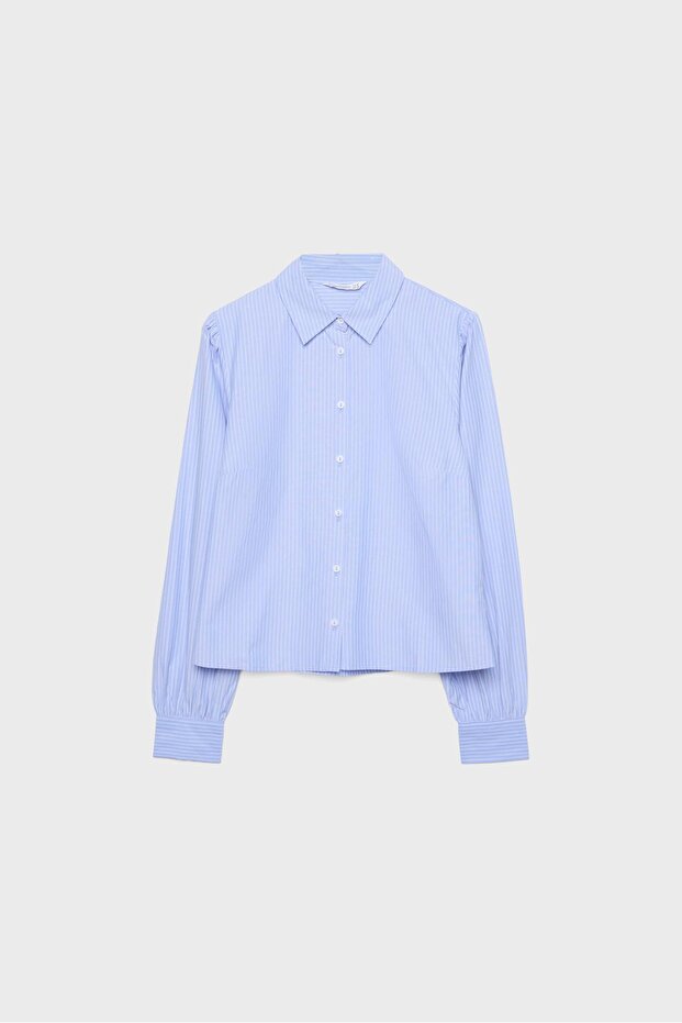Basic poplin balon kollu çizgili gömlek - 5