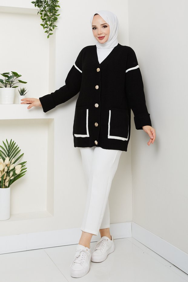 Women's Stripe Detailed Pocketed Thessaloniki Knitted Casual Sweater Cardigan