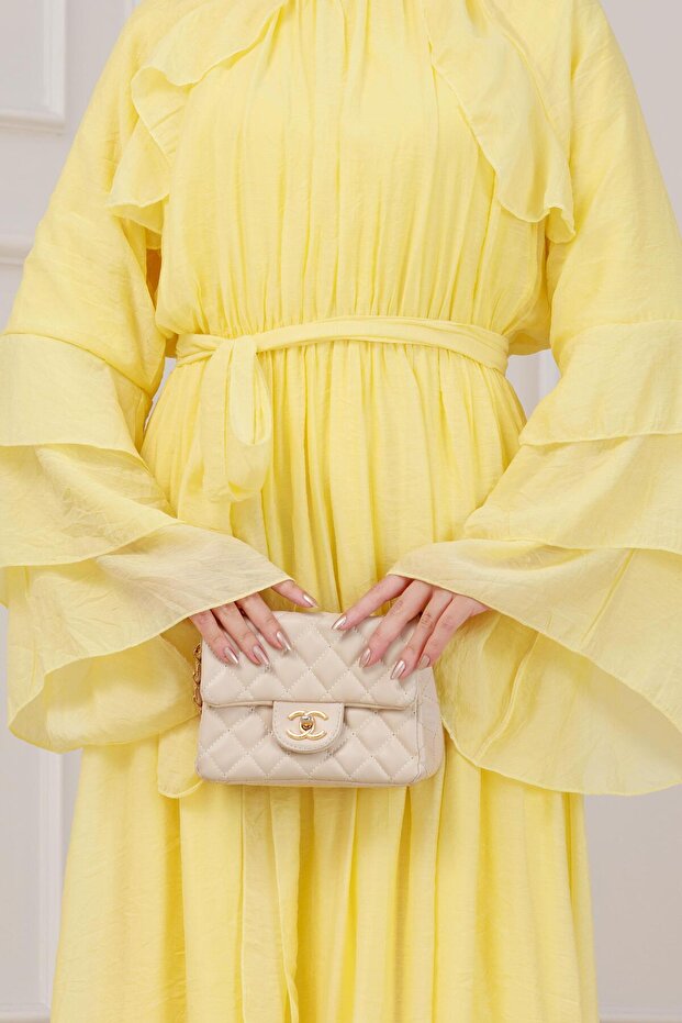 Fırfır Detaylı Lora Elbise-Sarı - 4