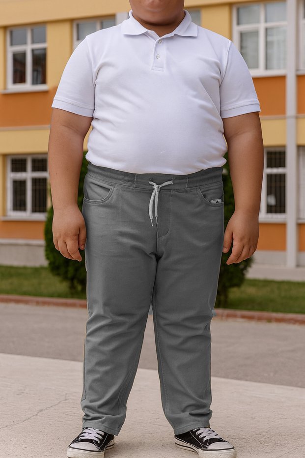 Boys' Kanvars School Pants Chubby Size Gray Color Ribbed Waist Lace-Up Relaxed Fit
