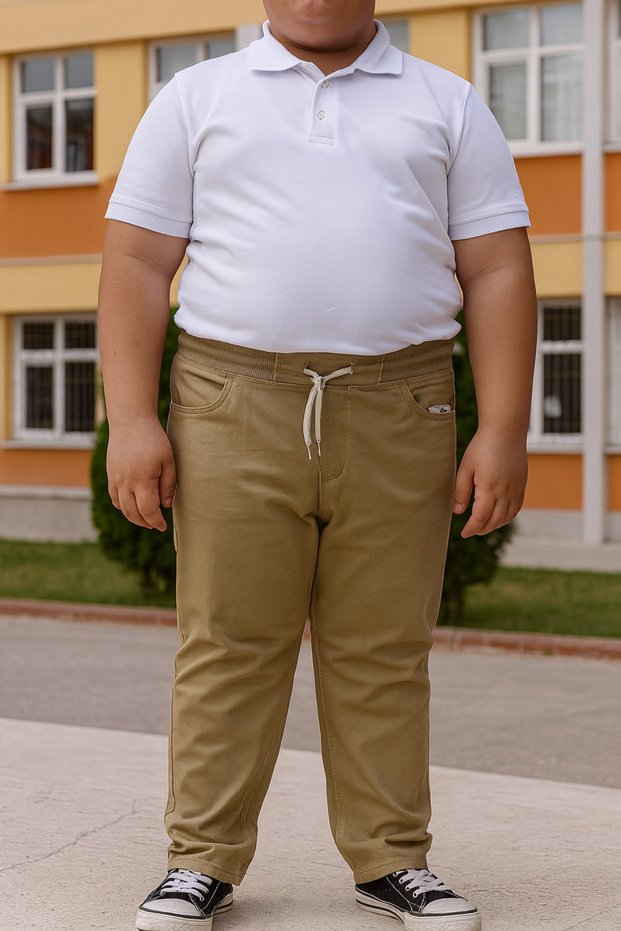 Boy's Kanvars School Pants Chubby Size Beige Color Ribbed Waist Lace-Up Relaxed Fit