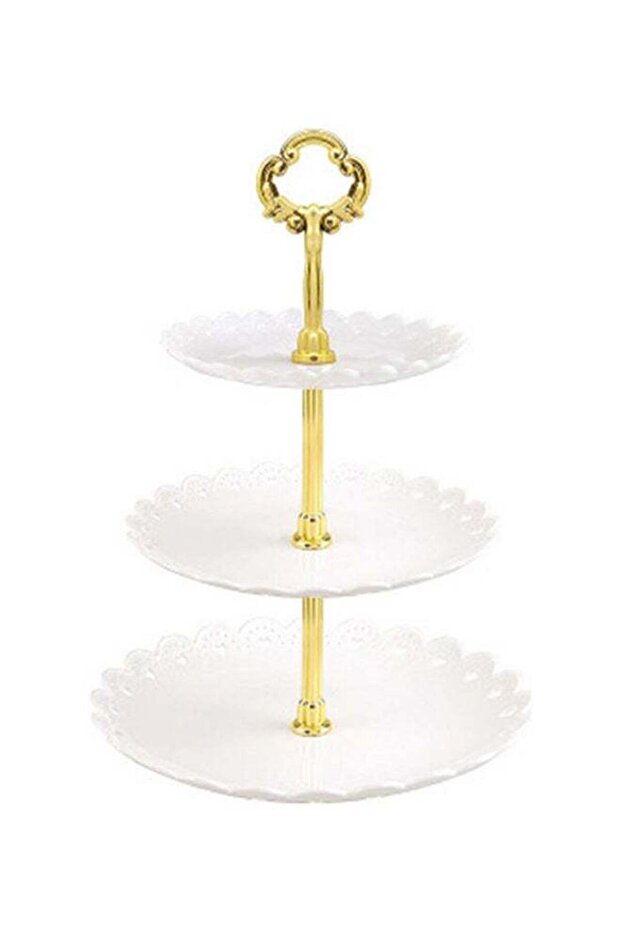 3-Tier Ceramic Cupcake Stand White/Gold 15x22x31cm