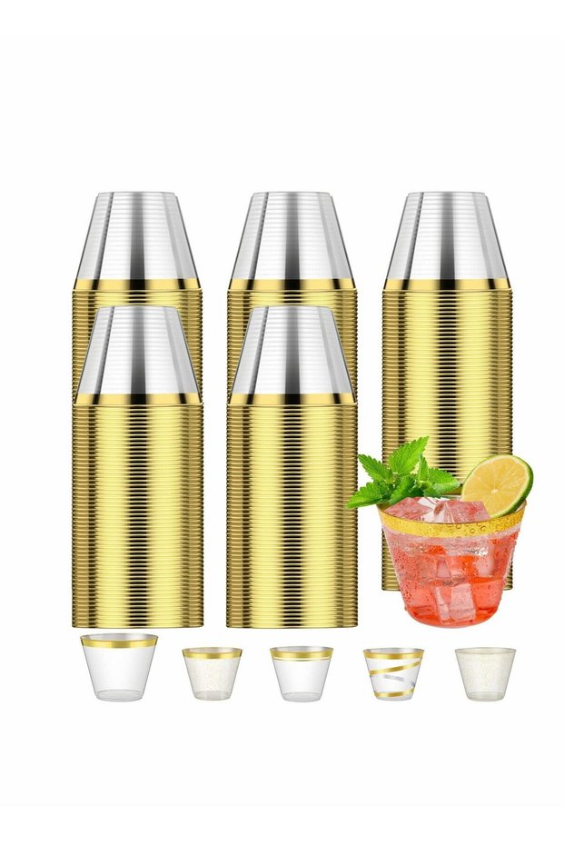 Gold Rimmed Glitter Cups 9 Oz, Gold Glitter Cups, Gold Plastic Cups For Wedding Reception With Rim