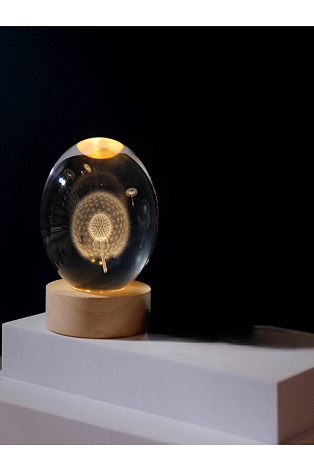 3D Karahindiba Temalı Kristal Küre Gün Işığı Led Gece Lambası – USB'li Ahşap Standlı LED Lamba - 5