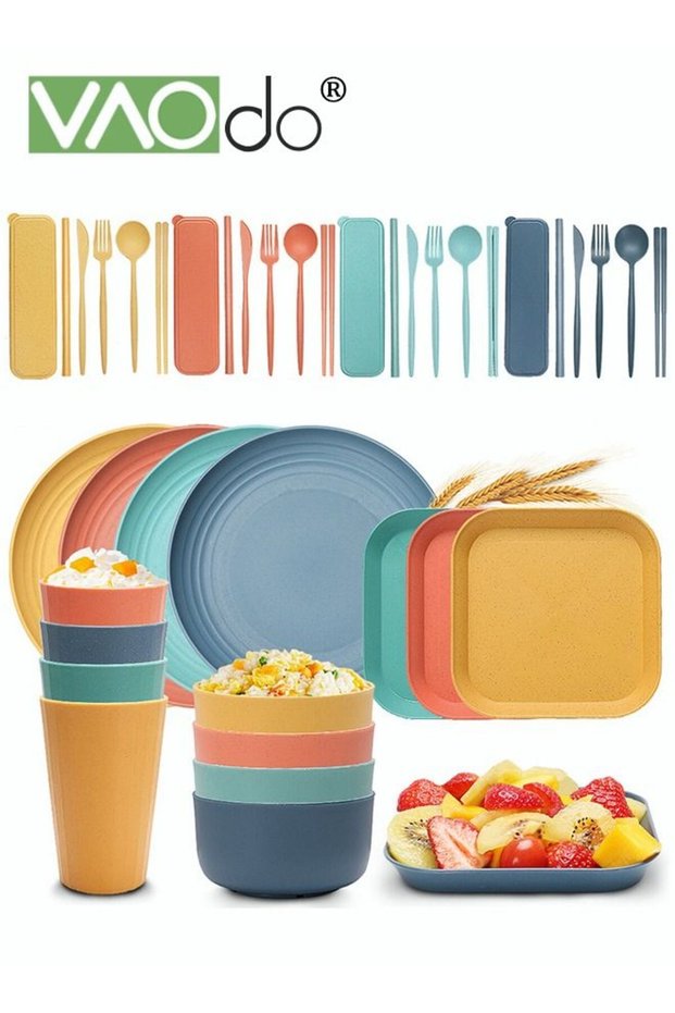 40PCS Dinner Set Wheat Straw Material Cutlery for 4 People With Portable Tableware Microwave Oven C