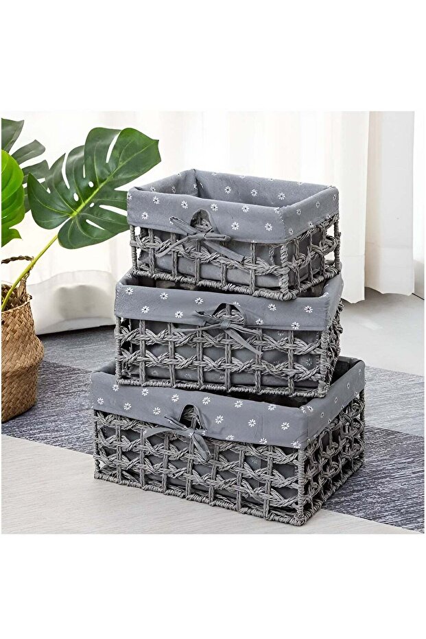 Set of 3 Eco-Friendly Handwoven Storage Baskets – Durable Rectangular Woven Bins with Sturdy Plasti