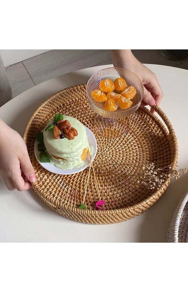 1-Piece Woven Round Tray For Snacks Fruits Organization And Storage Basket Rattan Brown 30x5 Centim