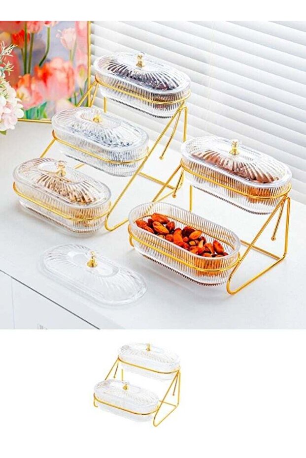 Elegant Transparent Candy Serving Trays with Diamond-Shaped Lids and Golden Storage Rack 17.5x19.5x