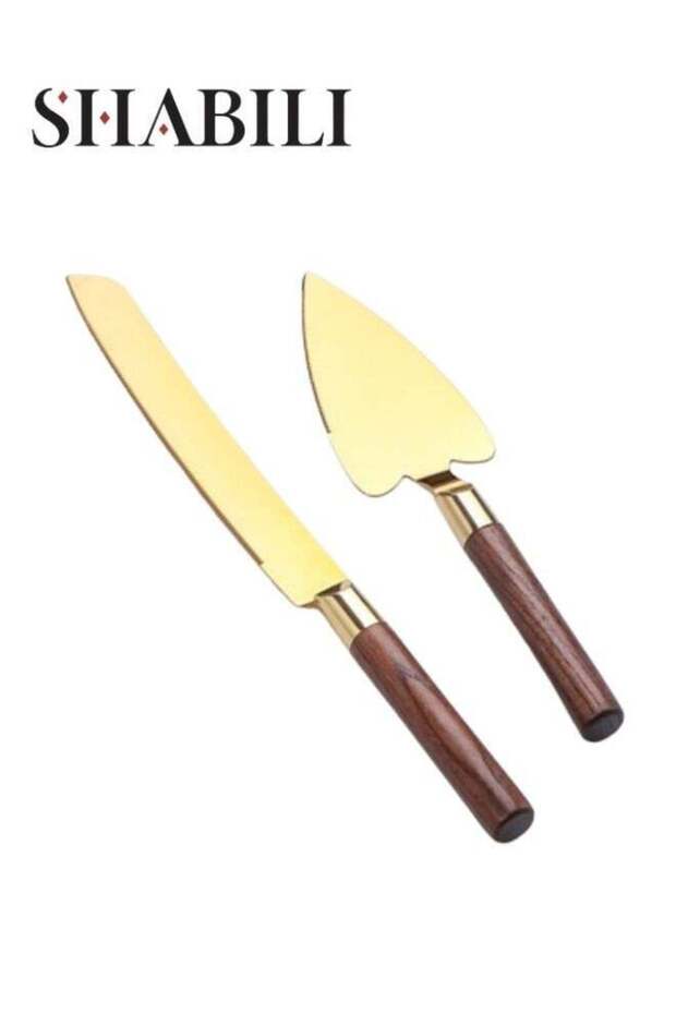 2 Pieces Wedding Cake Knife and Server Set, Premium Cake Knife Includes Cake Knife and Pie Server, Stainless Steel Cake Cutting Set for Wedding, Birthday, Anniversary (Gold, Wooden Handle)