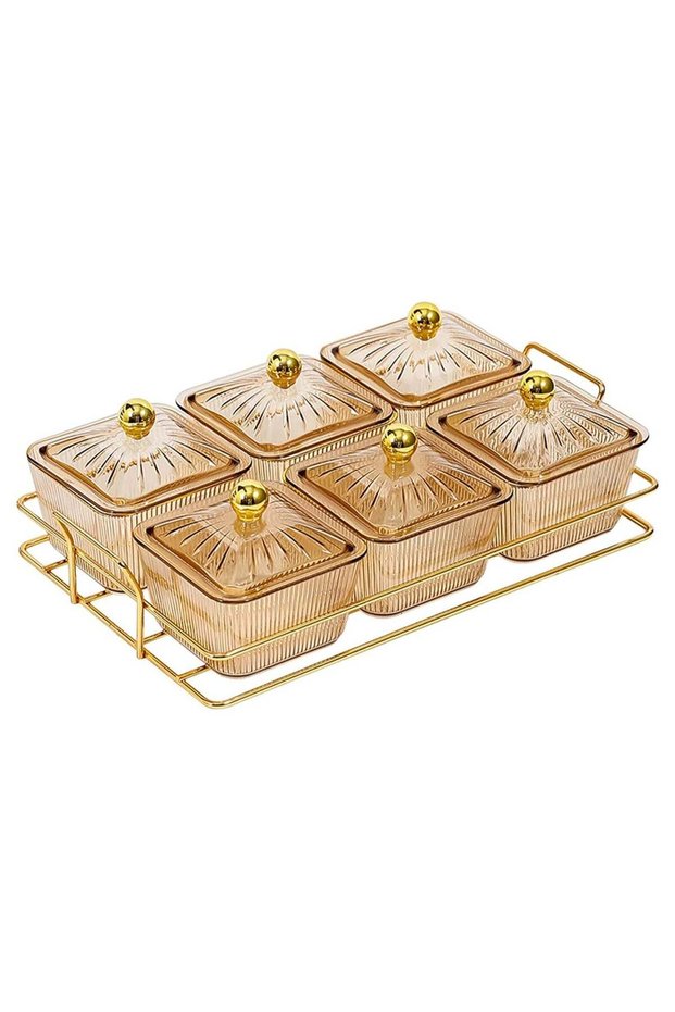 6-Compartment Divided Serving Tray with Lids and Gold Metal Rack, Amber Clear PP Snack Serving Bowl