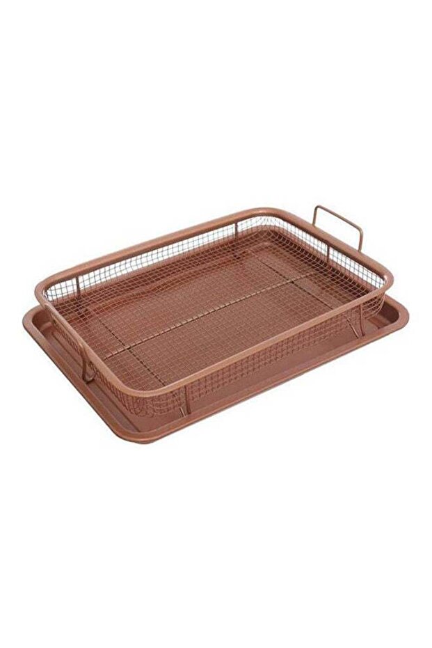 Rectangular Coppery Crispy Tray Set Of 2 Pieces ( Non Stick Basket Serving Tray ) Perfect For Ove