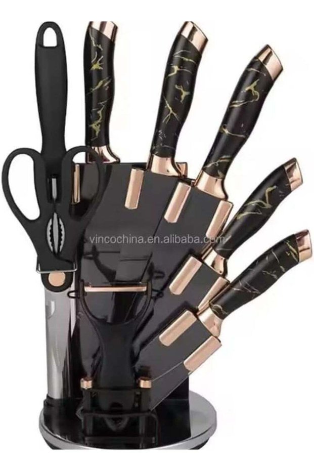 9-Piece Marble Pattern Handle Kitchen Knife Set – Premium Stainless Steel (Black with transparent)
