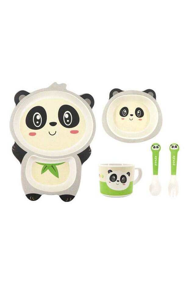 5-Piece Cute Cartoon Panda Designed Bamboo Fiber Tableware Set Black/White 19.4x9.8x27.5cm