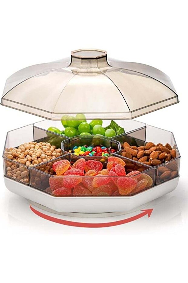Rotating Snack Tray with Lid, Plastic Divided Serving Dishes, 5 Compartment Round Appetizer Platter