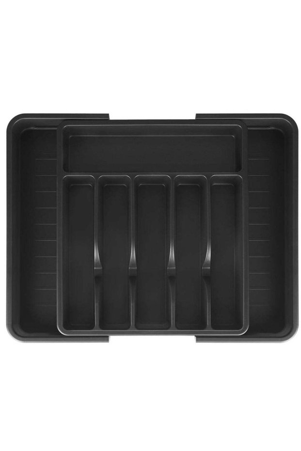 Expandable Cutlery Drawer Organizer, Plastic Silverware Tray for Kitchen, Adjustable Flatware with 8 Compartments, Non-Slip Utensil for Knives Spoons Forks, Fits Most Drawers, Black