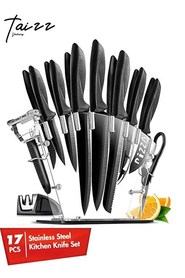 17 Pcs Kitchen Knife Set with Sharpener - High Carbon Stainless Steel Knife Block Set with Ergonomic Handles - Black