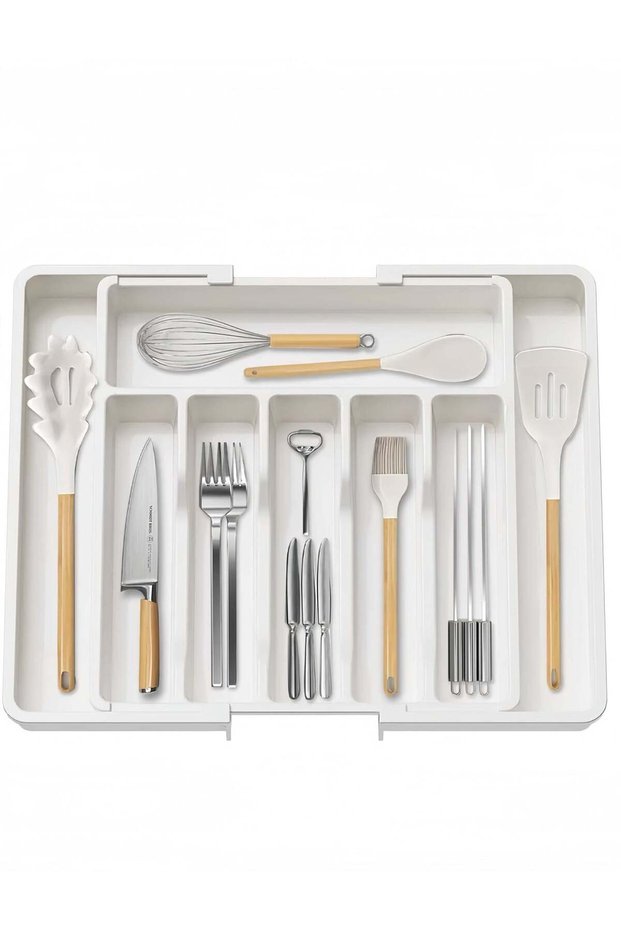 Cutlery Tray Organizer, Kitchen Drawer Organizer, Silverware Cutlery Organizer, Adjustable Utensils Organizer, Expandable 8-Compartment Plastic Cutlery Tray for Tableware ( 34*38*5.5 cm, White )