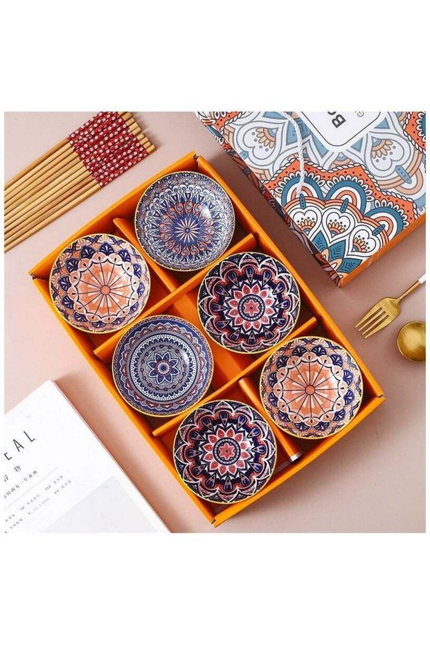 Multicolor Ceramic Dinnerware Set 6 Bowls with 6 Pairs of Chopsticks, Subsurface Glazed Finish, Stackable Design, High-Temperature Fired Porcelain Dinnerware for Cereal, Soup, and Salads,Noodles