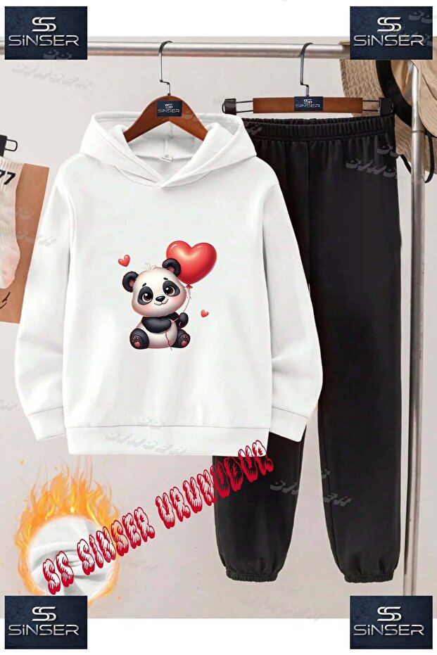 Children's Unisex "Panda Cute Heart" Special Printed Hooded Tracksuit Set