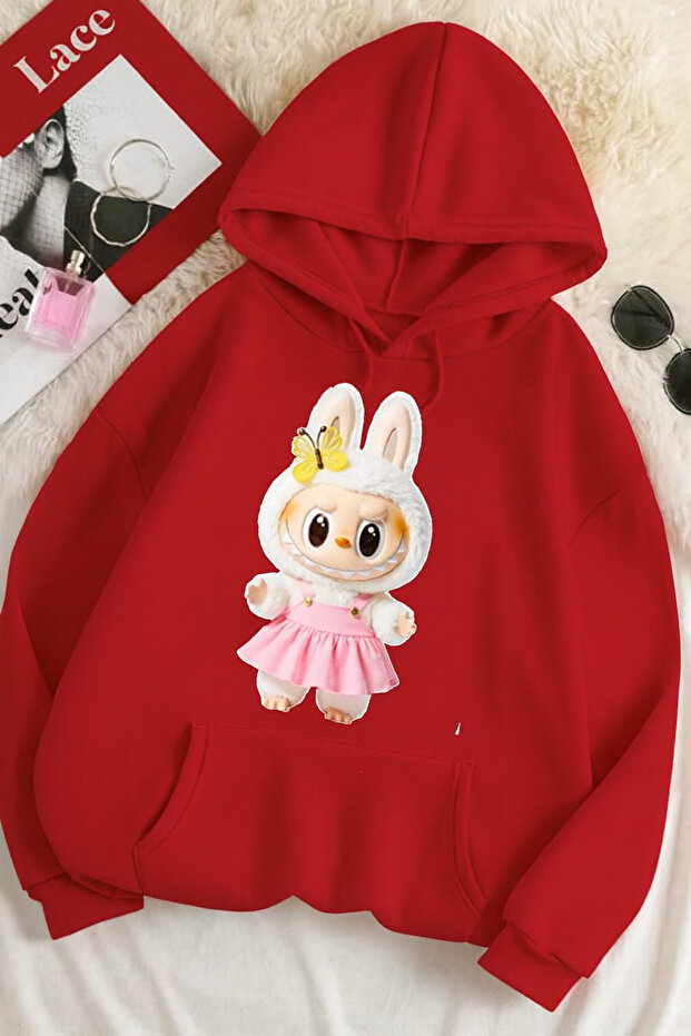 سويت شيرت مطبوع عليه 3 خيوط للجنسين مقاس كبير – نمط أرنب لابوبو 🐰 🦋 - 1