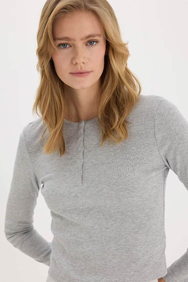 Coool Fitted Button Collar Rib Gray Women's Long Sleeve T-Shirt E7680Ax/Gr210