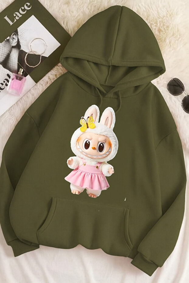 سويت شيرت مطبوع عليه 3 خيوط للجنسين مقاس كبير – نمط أرنب لابوبو 🐰 🦋 - 1