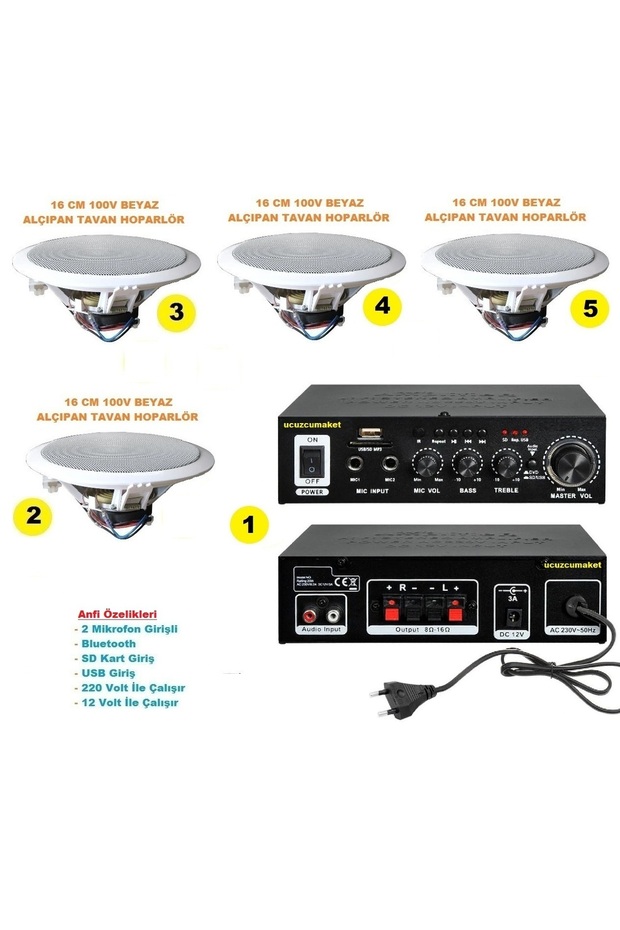 Tavan Hoparlör Seti (1 Adet Anfi + 4 Adet 100V 16 cm Tavan Hoparlör) - 1