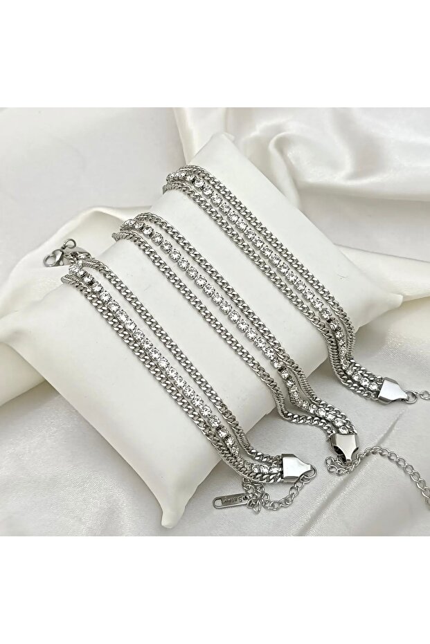 Sparkling Three Rows of Chains and Stones Steel Bracelet