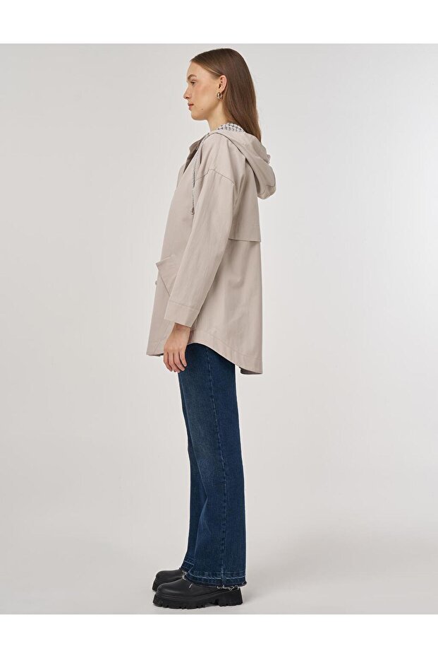 Kapüşonlu Kısa Trençkot Taş - 5