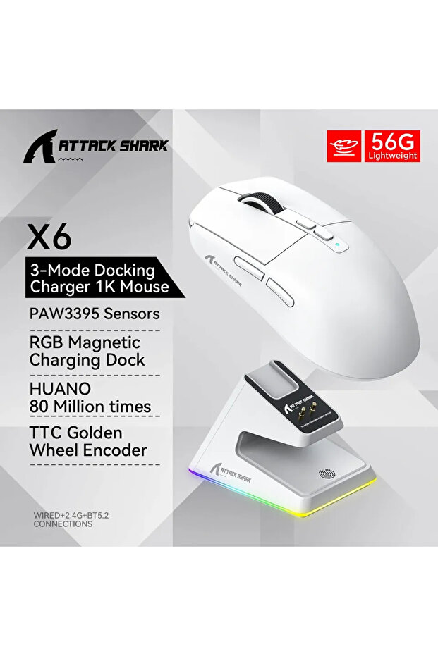 ماوس الألعاب اللاسلكي الجديد White Attack Shark X6 ثلاثي الأوضاع (بلوتوث/2.4G/USB-C) بمستشعر PAW3395 وميزات ماكرو لوقت تشغيل طويل
