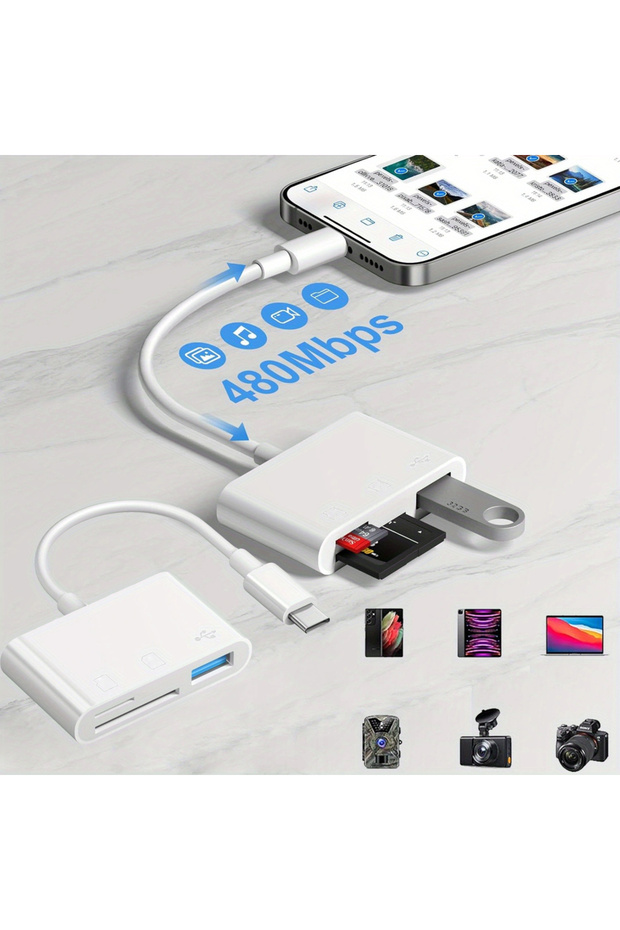 قارئ بطاقات ذاكرة USB C إلى SD/TF أبيض، 3 في 1 USB C متوافق مع iPhone 15 Pro iPad M - 1