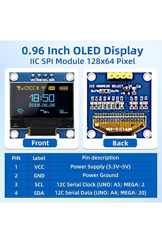 وحدة شاشة OLED زرقاء صفراء مقاس 0.96 بوصة، 128 × 64 بكسل I2C SSD1306 لوحة شاشة OLED المضيئة