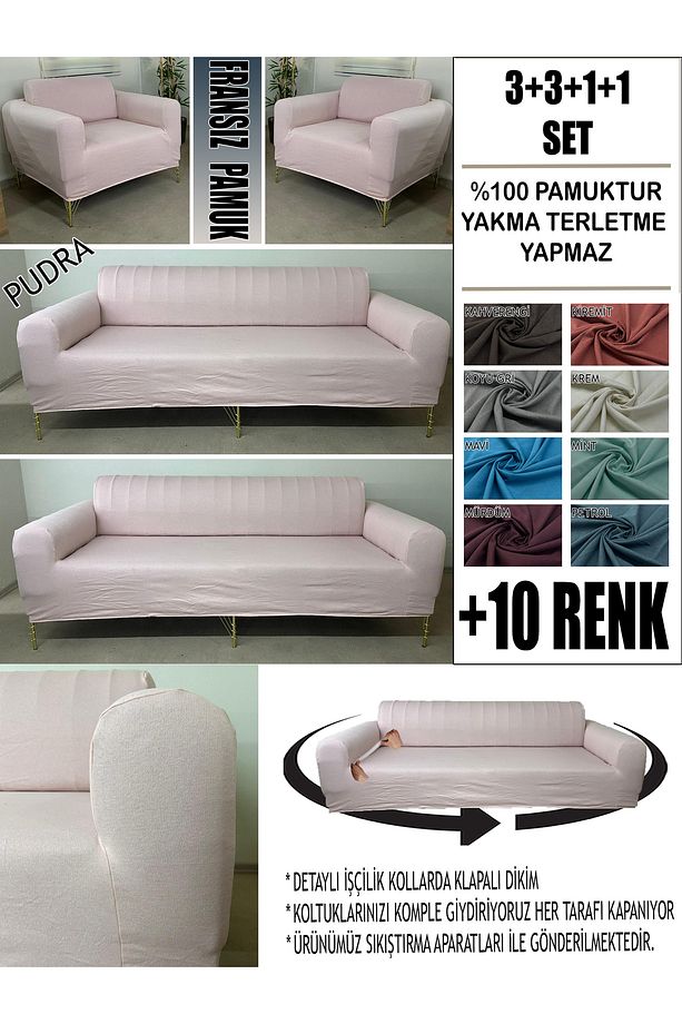 %100 PAMUK FRANSIZ KUMAŞ 3+3+1+1 KOMPLE GİYDİRME KANEPE&ÇEKYAT, BOHEM, PORTO, VB MODEL - 1