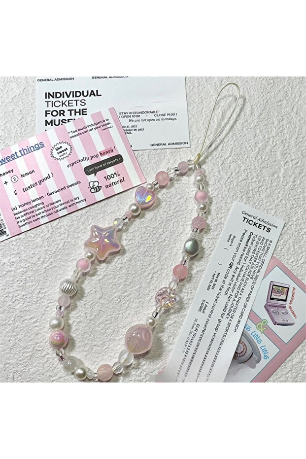 Other 1pcs Pink 1pcs Korean Cute 3D Pink Star Heart Beaded Phone Chain Charm Lanyard For iPhone Uni