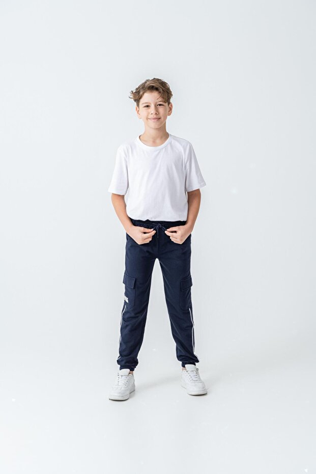 Right Pocket Printed Double Leg Piping Boys' Sweatpants with Double Cargo Pockets