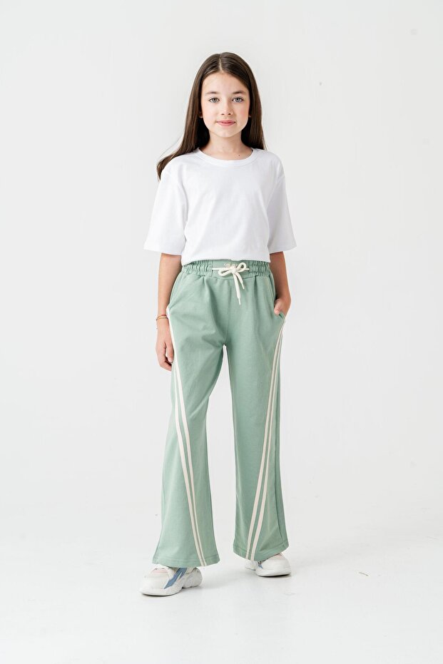 Girls' Wide Leg Herringbone Tracksuit Pants with Side Stripes