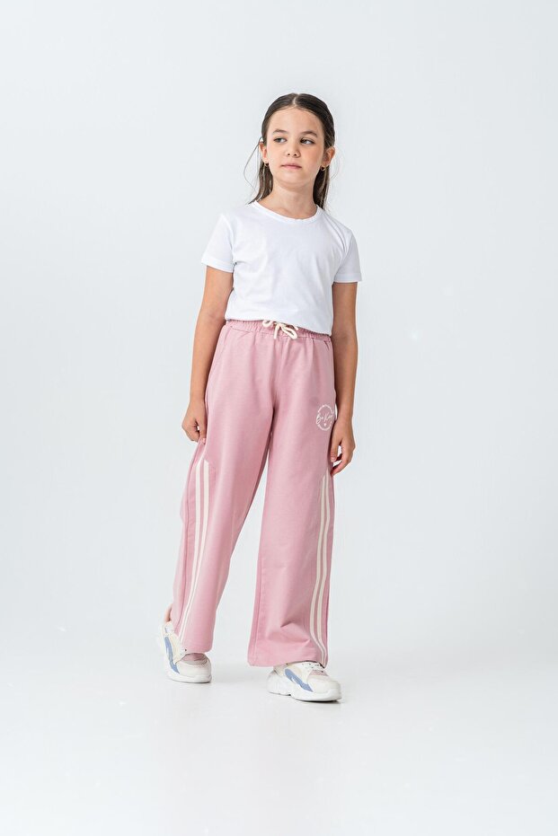 Girls' Sweatpants with Wide Legs and Printed Front with Grosgrain Stripes on the Sides
