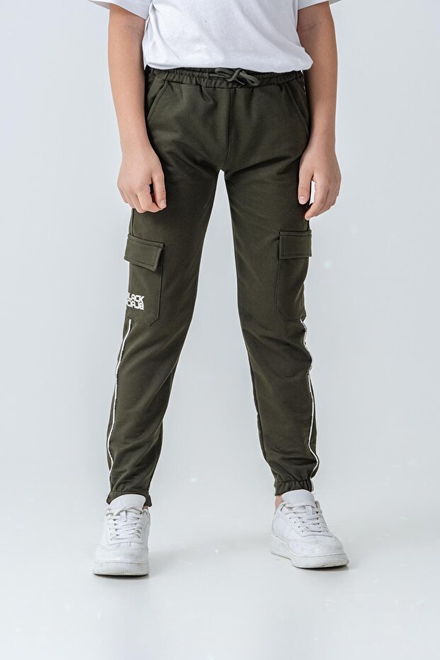 Right Pocket Printed Double Leg Piping Boys' Sweatpants with Double Cargo Pockets