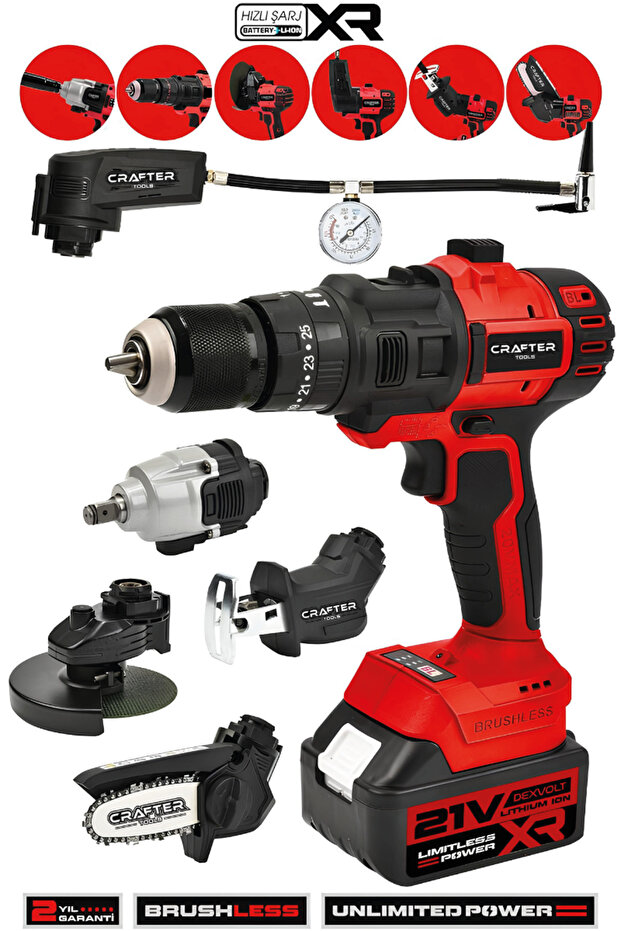 21V 6 Başlıklı Set Taşlama Somun Sıkma&Hava Pompası&Tilki Kuyruğu&Dal Budama&Darbeli Şarjlı Matkap - 1