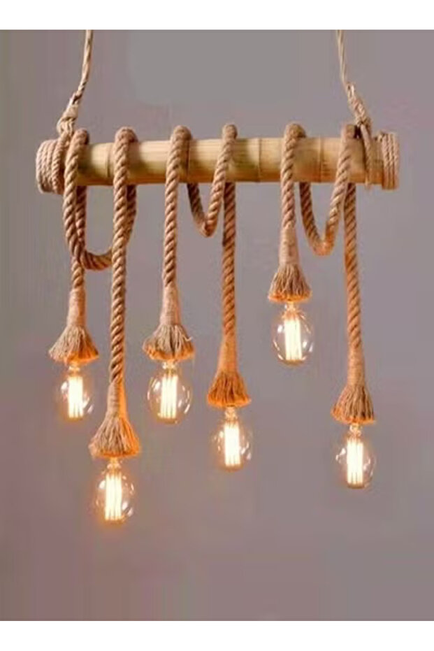 Rustic Rope Bamboo Chandelier – Retro Pendant Lamp with 6 Bulbs for Home Decor, 80x80cm