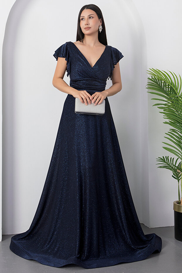 Kol Volanlı Simli Abiye Elbise 39925 - 1