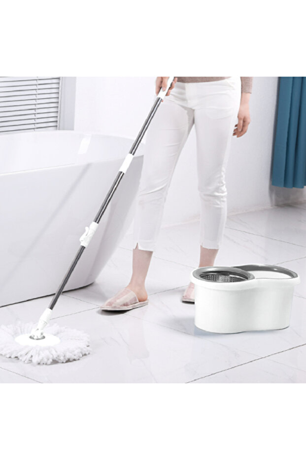 White bucket set with wringer and rotating mop, 360° telescopic handle, stainless steel wringing basket and 2 cloths - 6