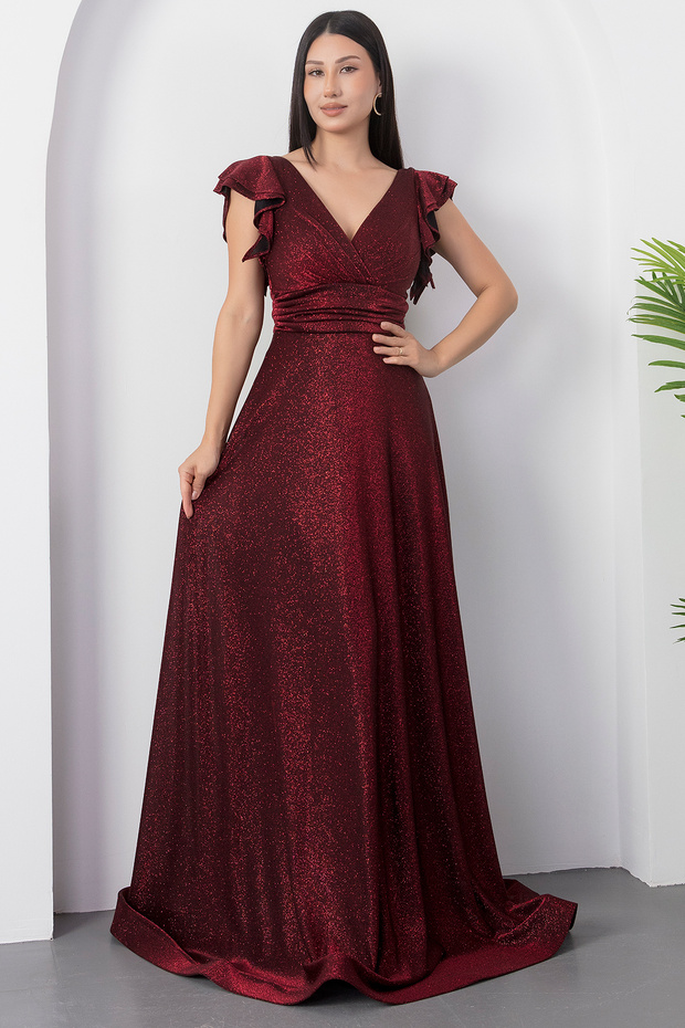 Kol Volanlı Simli Abiye Elbise 39925 - 6