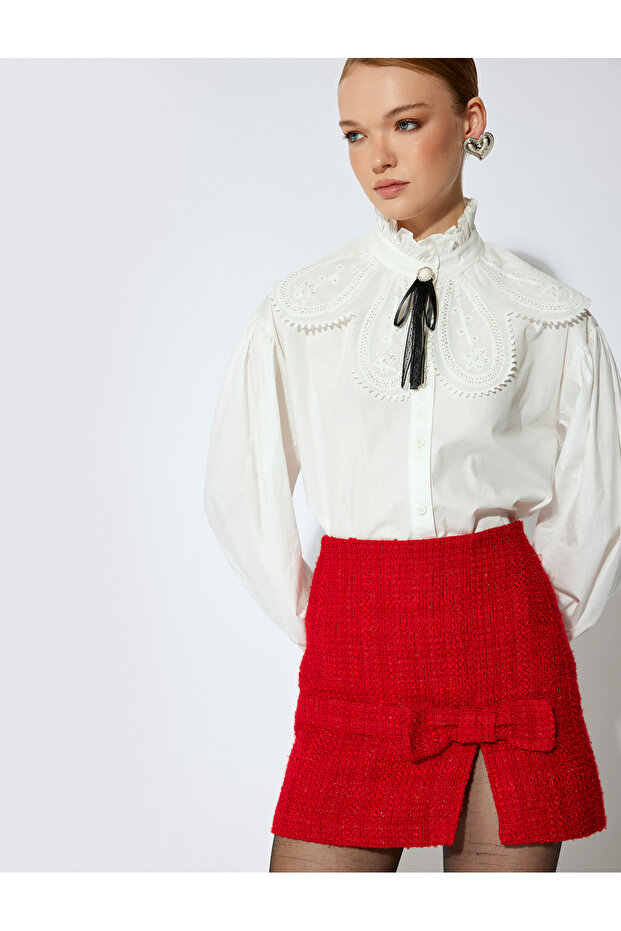 A-Line Slit Mini Tweed Skirt with Bow Detail