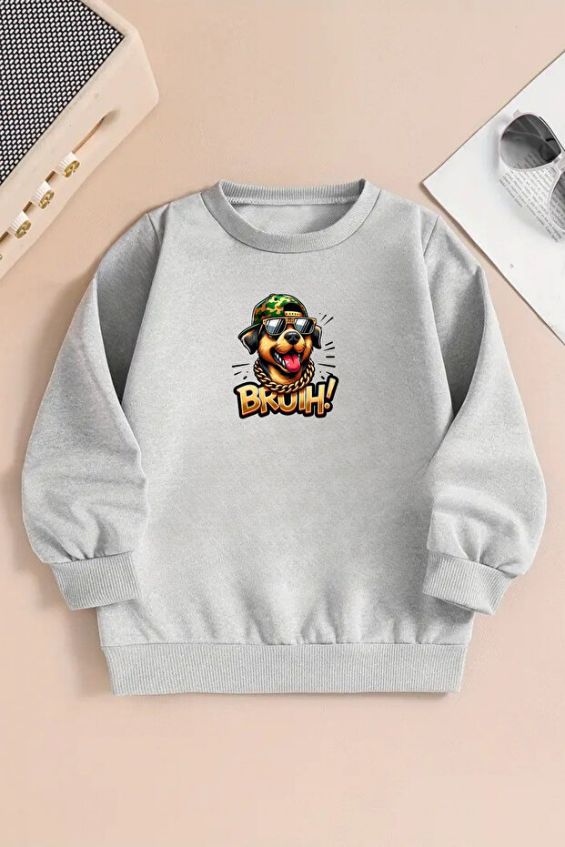 Unisex Bruhh Dog Printed Gray Crew Neck Sweatshirt-Winter Embossed Fabric