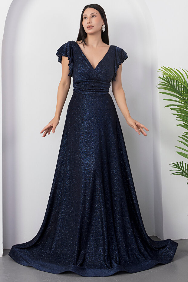 Kol Volanlı Simli Abiye Elbise 39925 - 7