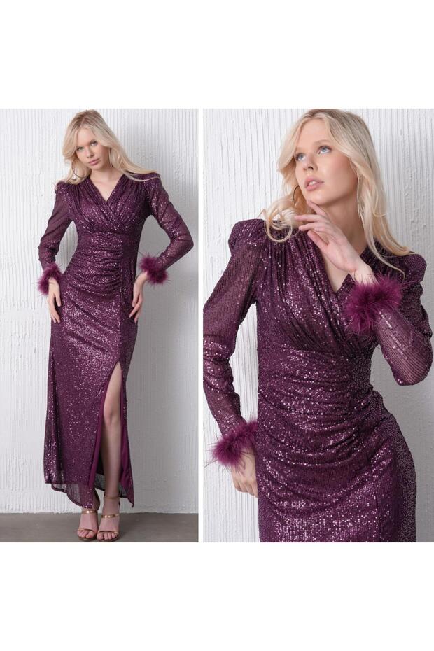 Double Breasted Collar Long Sleeve Feather Detailed Dress