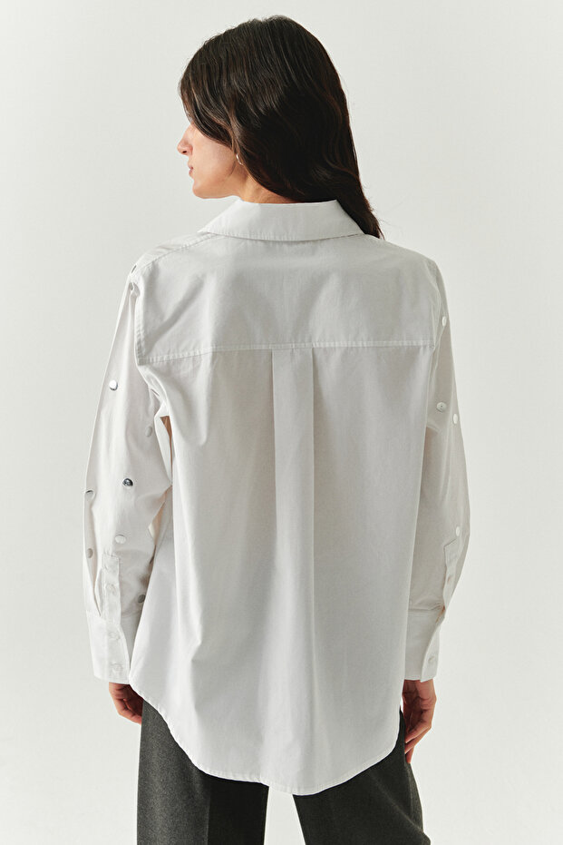 Metal Pullu Düğmeli Uzun Kol Oversize Gömlek - 5